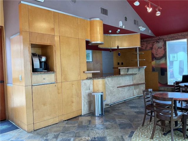 7405 Charmant Dr Unit 2320, San Diego, CA 92122 - kitchen featuring lofted ceiling and stone finish flooring