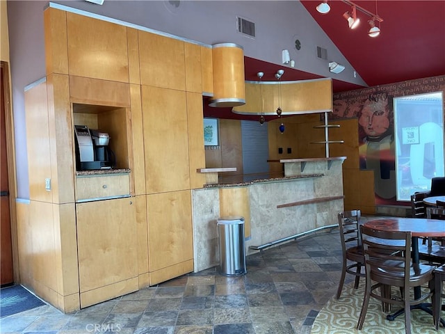 7405 Charmant Dr Unit 2320, San Diego, CA 92122 - kitchen featuring lofted ceiling and stone finish flooring