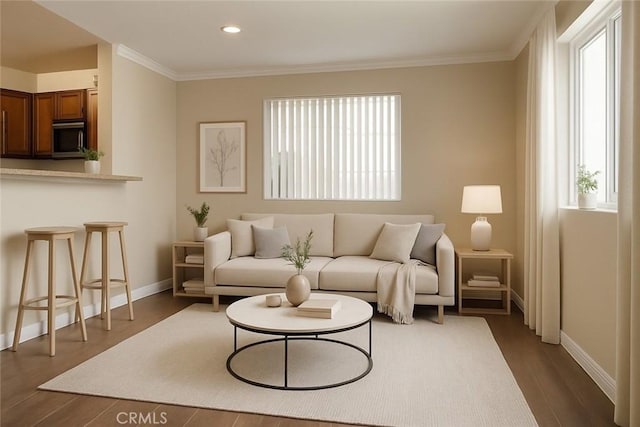 7405 Charmant Dr Unit 2320, San Diego, CA 92122 - living area featuring ornamental molding, dark wood-type flooring, and recessed lighting