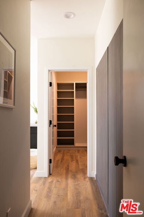 hallway with hardwood / wood-style flooring