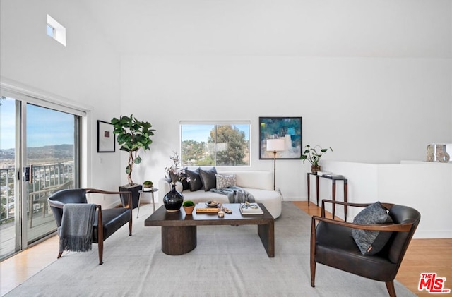 living room with a towering ceiling, a healthy amount of sunlight, and light hardwood / wood-style flooring