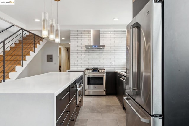 kitchen with electric panel, premium appliances, a kitchen island, decorative light fixtures, and wall chimney exhaust hood