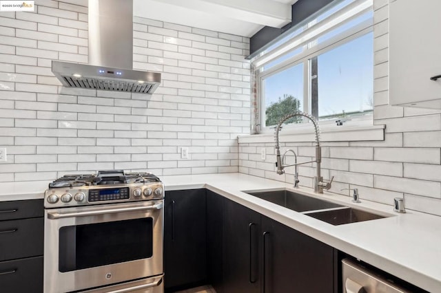 kitchen with sink, stainless steel gas stove, tasteful backsplash, dishwasher, and range hood