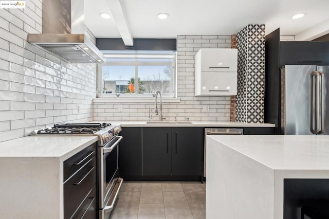 kitchen featuring sink, backsplash, stainless steel appliances, and island exhaust hood