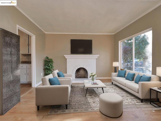 living room with ornamental molding, a fireplace, and light wood-type flooring