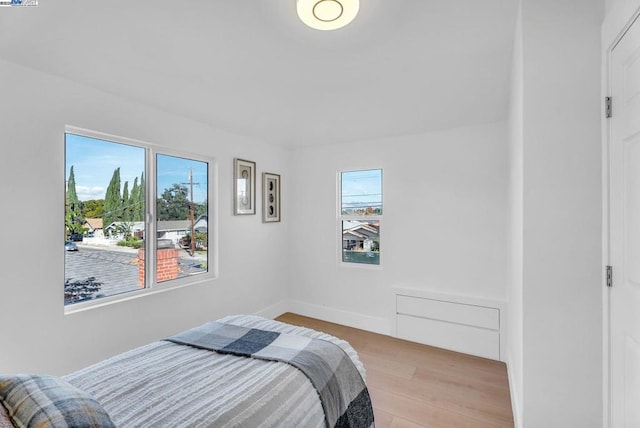 bedroom with multiple windows and light hardwood / wood-style floors