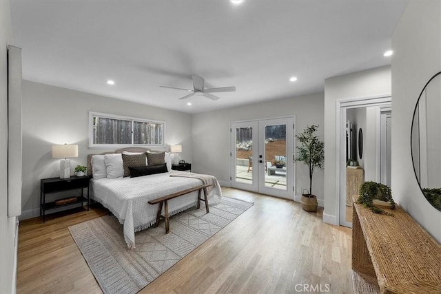 bedroom with light hardwood / wood-style flooring, access to exterior, ceiling fan, and french doors