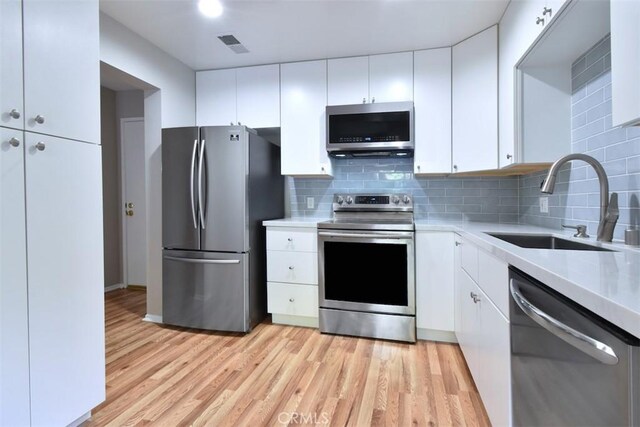 kitchen featuring tasteful backsplash, white cabinetry, sink, stainless steel appliances, and light wood-type flooring