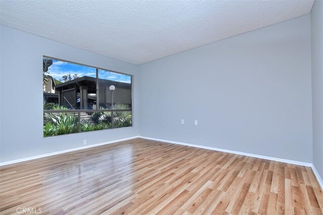 empty room with a textured ceiling and light hardwood / wood-style floors