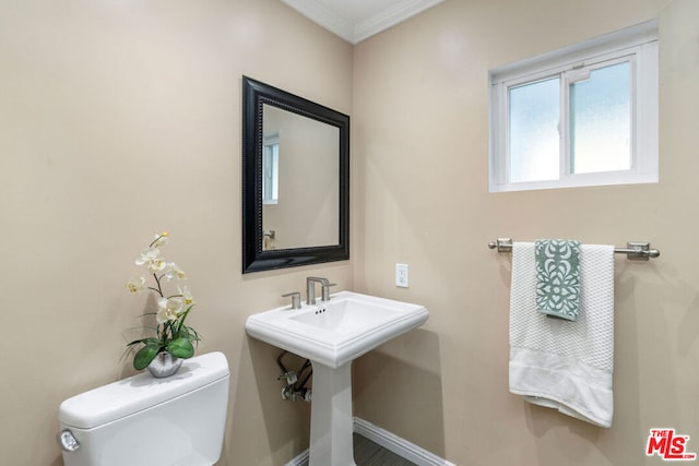 bathroom with crown molding and toilet