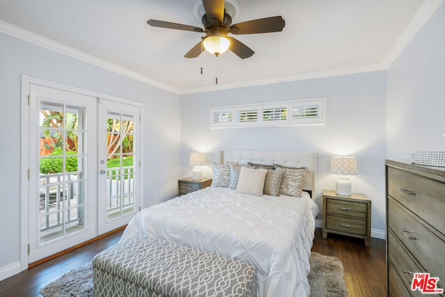 bedroom with access to exterior, crown molding, dark hardwood / wood-style floors, and french doors