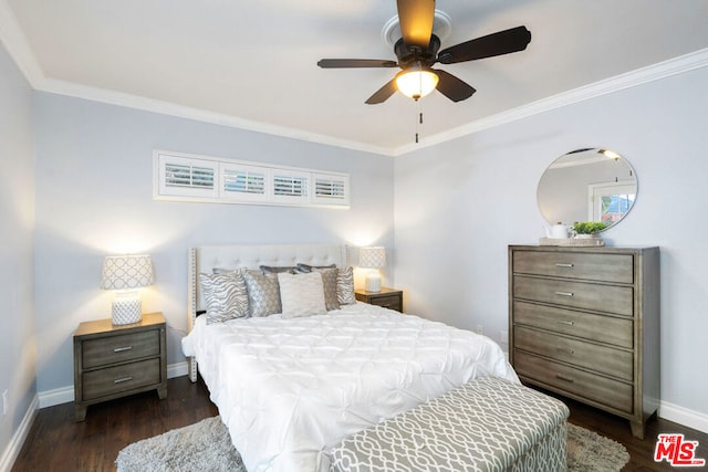 bedroom with ornamental molding, ceiling fan, and dark hardwood / wood-style flooring