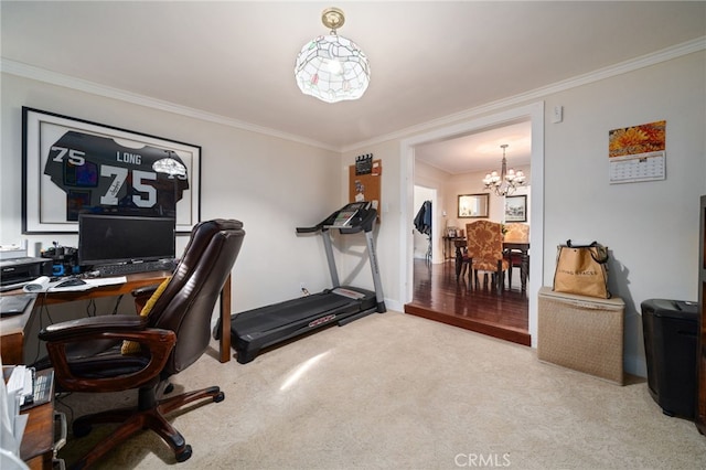 office space with light carpet, a notable chandelier, and crown molding