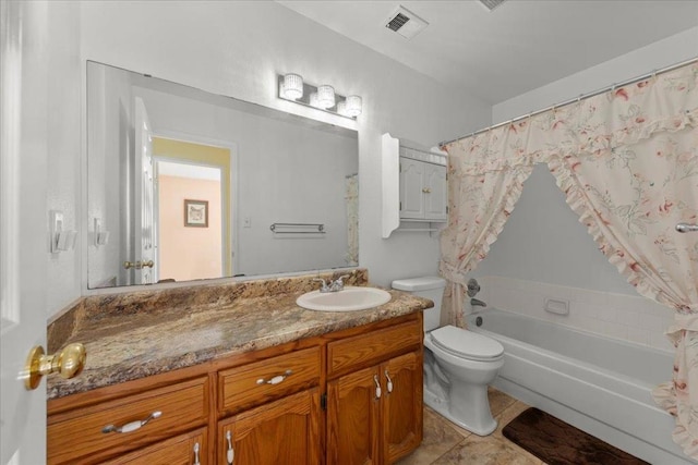 full bathroom with vanity, shower / tub combo, tile patterned floors, and toilet