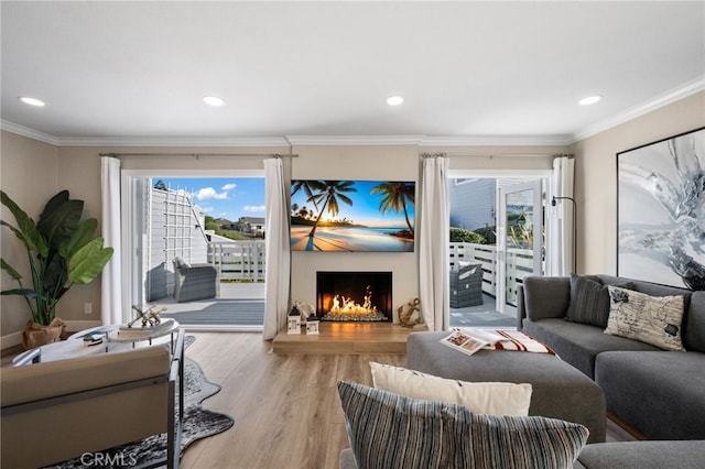 living room featuring ornamental molding, a healthy amount of sunlight, and light hardwood / wood-style floors