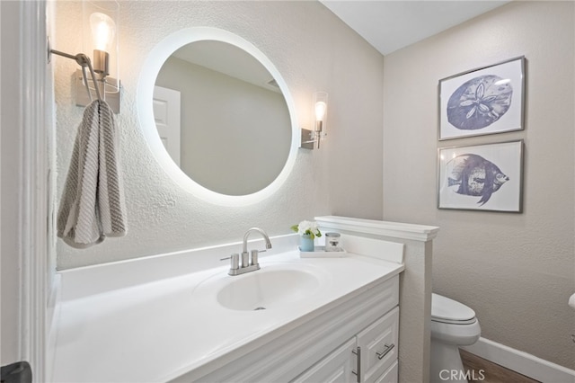 bathroom featuring vanity, toilet, and wood-type flooring