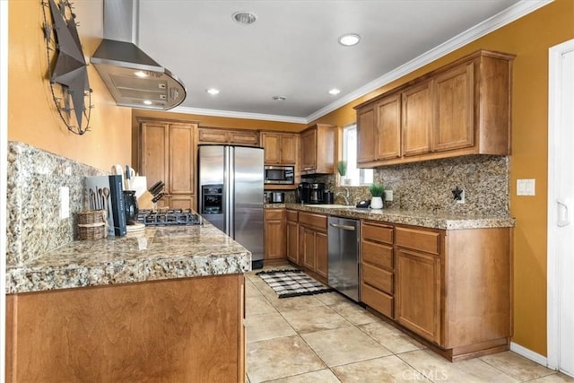 kitchen with tasteful backsplash, ornamental molding, appliances with stainless steel finishes, and range hood