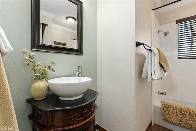 bathroom with ornamental molding, shower / tub combo with curtain, and vanity