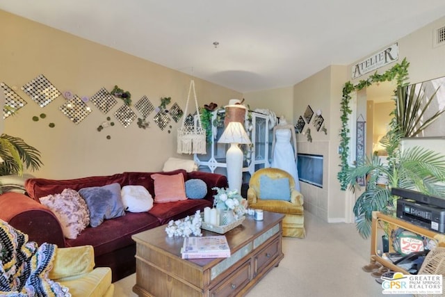 living room with light colored carpet