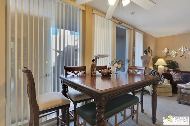 dining space with ceiling fan and carpet floors