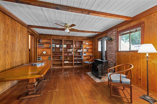 home office with dark wood-type flooring, wooden walls, beamed ceiling, and a wood stove