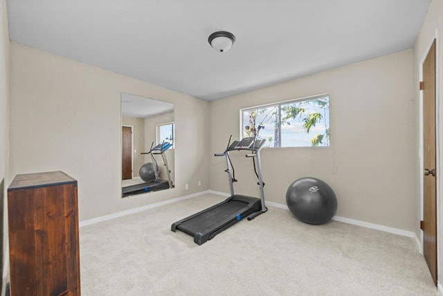 exercise area with light colored carpet