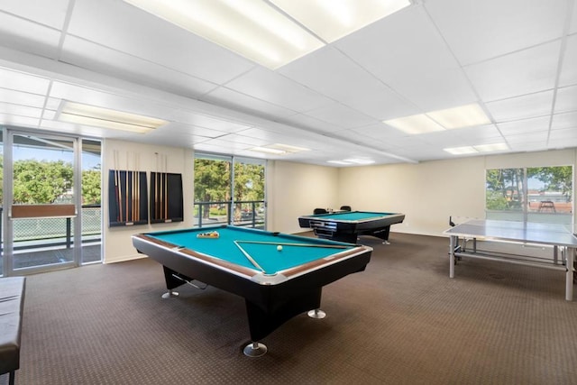 rec room with carpet flooring, a drop ceiling, and a wealth of natural light