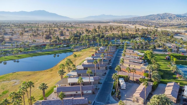 bird's eye view featuring a water and mountain view