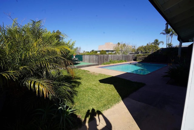 view of pool featuring a lawn and a patio area