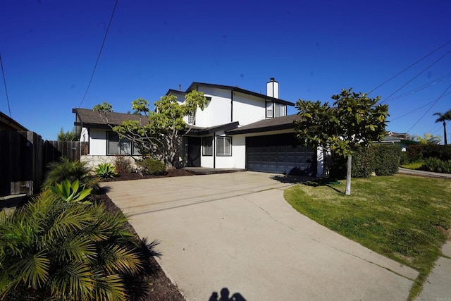 5934 Carnegie St, San Diego, CA 92122 - view of front of property with a garage, concrete driveway, and a chimney