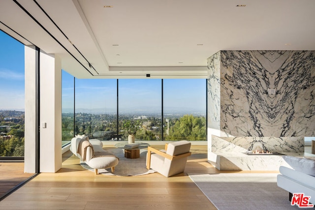 sitting room with floor to ceiling windows and light wood-type flooring