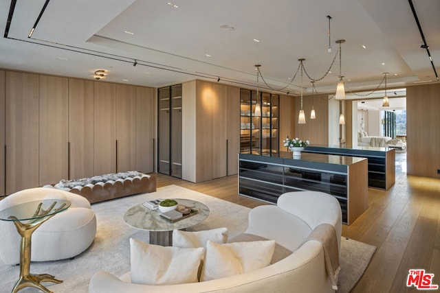 living room featuring track lighting, a raised ceiling, light hardwood / wood-style flooring, and wood walls