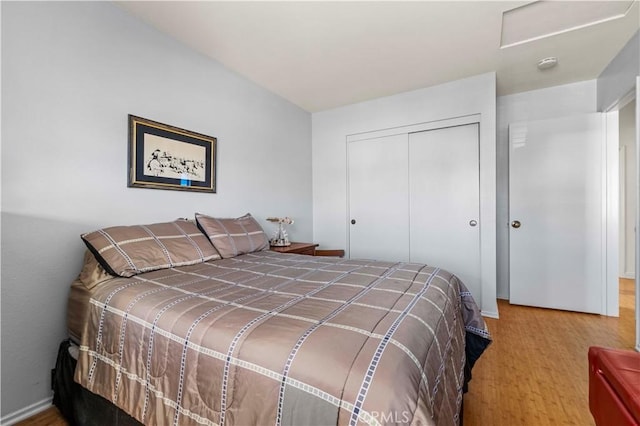 bedroom with wood-type flooring and a closet