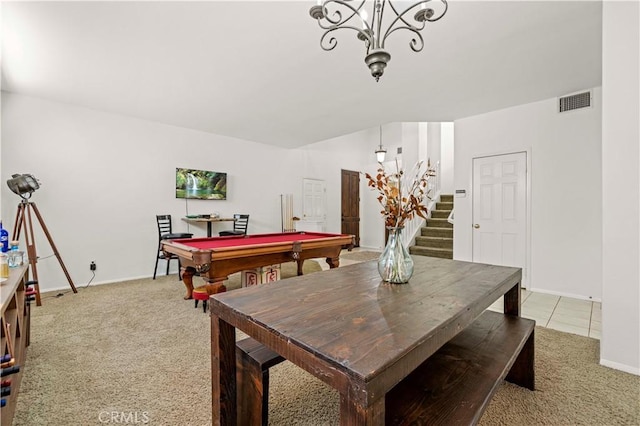 recreation room featuring billiards and light colored carpet