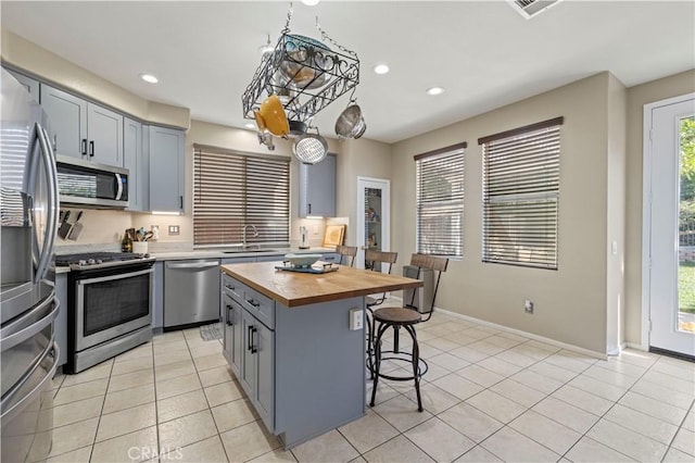 kitchen featuring wood counters, a breakfast bar, sink, a kitchen island, and stainless steel appliances