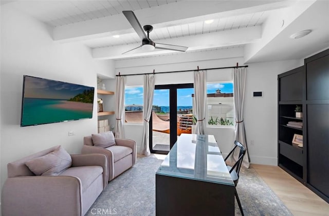 office area featuring ceiling fan, wooden ceiling, beam ceiling, and light hardwood / wood-style floors