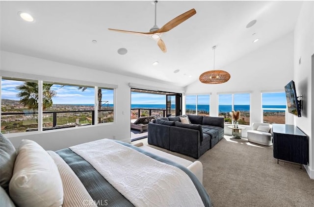 carpeted bedroom with high vaulted ceiling, access to exterior, and ceiling fan