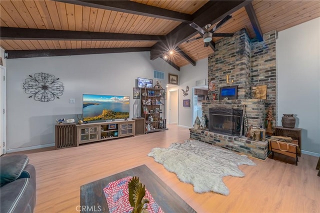 living room with beam ceiling, hardwood / wood-style flooring, a fireplace, and wooden ceiling