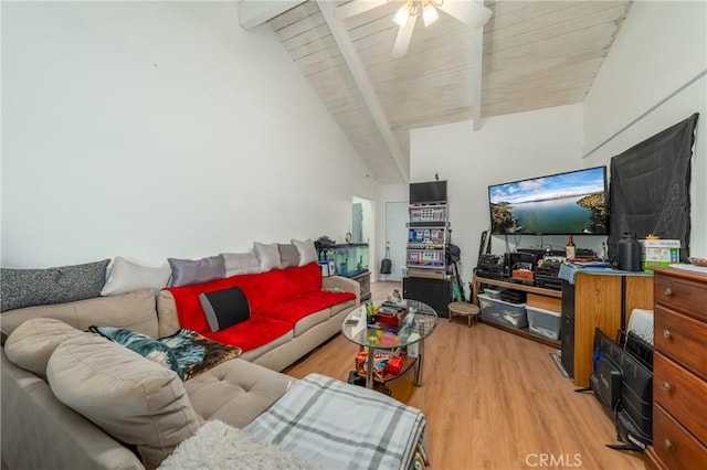 living room with ceiling fan, wood ceiling, beamed ceiling, and light wood-type flooring