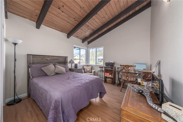 bedroom with wood ceiling, high vaulted ceiling, beam ceiling, and light hardwood / wood-style floors