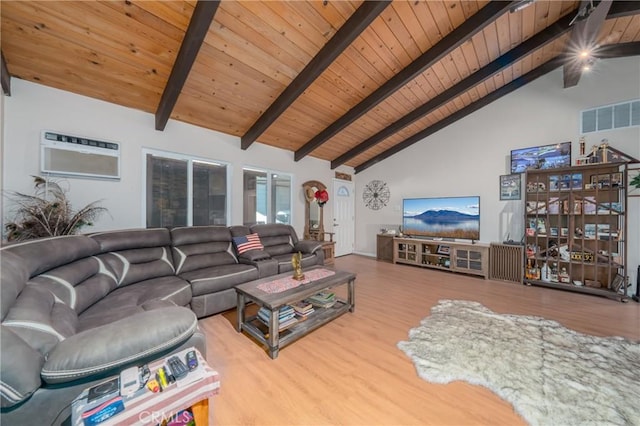 living room with beamed ceiling, wood-type flooring, an AC wall unit, and wooden ceiling