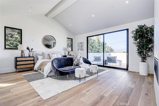 bedroom with access to exterior, high vaulted ceiling, beamed ceiling, and light wood-type flooring