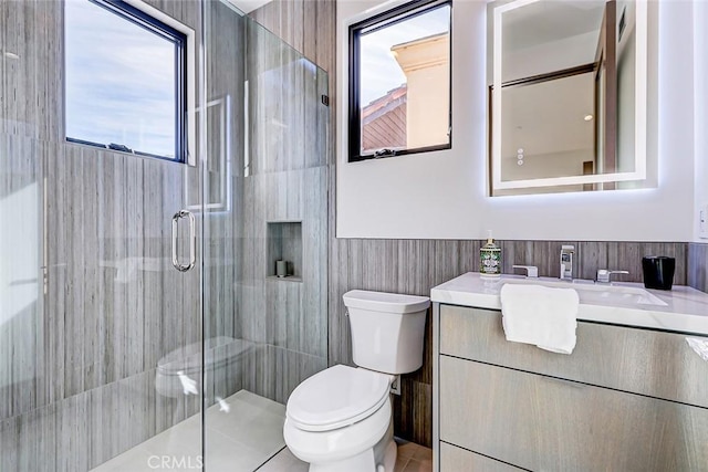 bathroom with vanity, a shower with door, and toilet