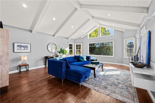 living room featuring vaulted ceiling with beams and dark wood-type flooring