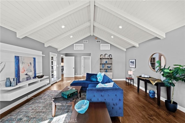 living room with wood-type flooring and lofted ceiling with beams