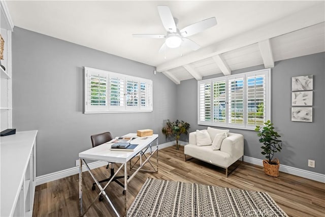 office area featuring lofted ceiling with beams, hardwood / wood-style floors, and ceiling fan