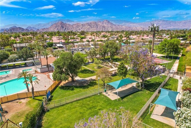 drone / aerial view featuring a mountain view