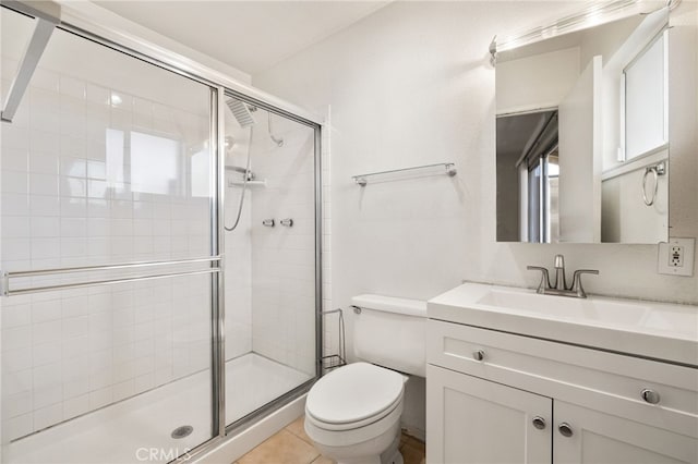 full bathroom featuring toilet, a shower stall, and vanity