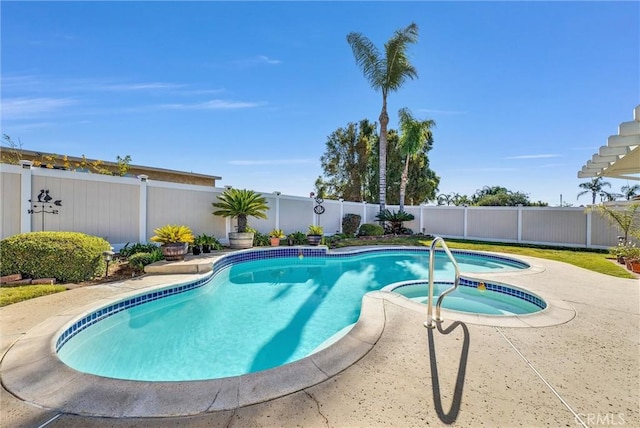 view of swimming pool featuring an in ground hot tub and a patio