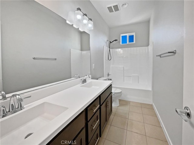 full bathroom with vanity,  shower combination, tile patterned floors, and toilet